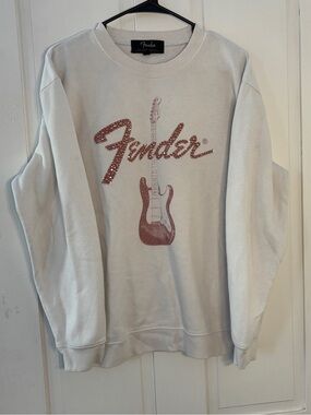 Fender Bedazzle Rhinestone Rose Gold Logo Guitar White Crewneck Sweatshirt